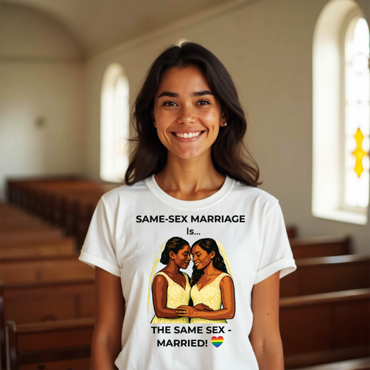 Woman wearing a t-shirt with a graphic and text about same-sex marriage in a church setting